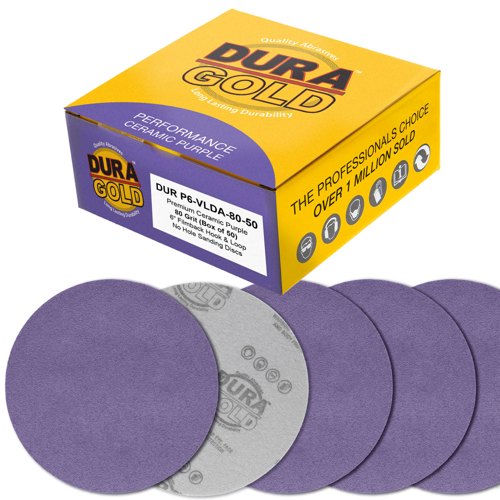 Premium 80 Grit 6" Purple Film Ceramic Sanding Discs, Box of 50 - Hook & Loop Backing Sandpaper for DA & Random Orbital Sanders - Fast Sharp-Cut Abrasive, Sand Auto Paint, Wood, Woodworking