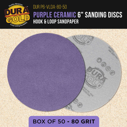 Premium 80 Grit 6" Purple Film Ceramic Sanding Discs, Box of 50 - Hook & Loop Backing Sandpaper for DA & Random Orbital Sanders