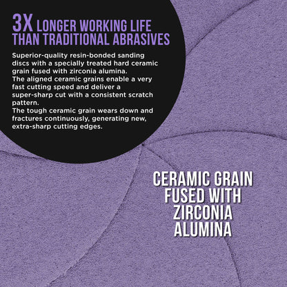 Premium 80 Grit 6" Purple Film Ceramic Sanding Discs, Box of 50 - Hook & Loop Backing Sandpaper for DA & Random Orbital Sanders