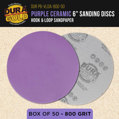 Premium 800 Grit 6" Purple Film Ceramic Sanding Discs, Box of 50 - Hook & Loop Backing Sandpaper for DA & Random Orbital Sanders