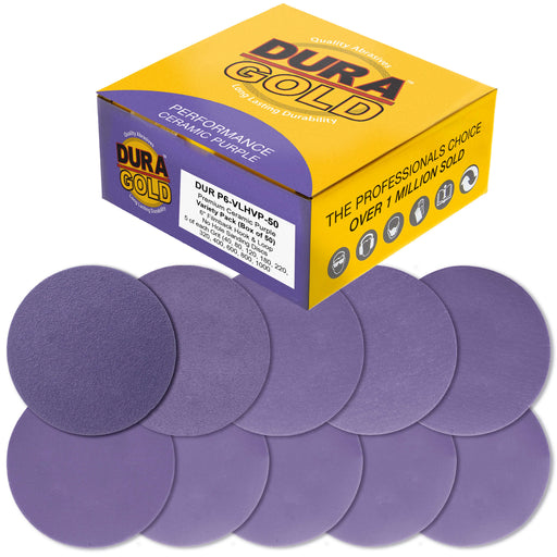 Premium 6" Purple Film Ceramic Sanding Discs, 50 Disc Variety Pack, Grits 60, 80, 120, 180, 220, 320, 400, 600, 800, 1000 - Hook & Loop Sandpaper, DA & Random Orbital Sander, Auto Paint Wood