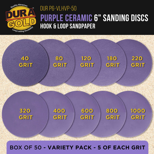 Premium 6" Purple Film Ceramic Sanding Discs, 50 Disc Variety Pack, Grits 60, 80, 120, 180, 220, 320, 400, 600, 800, 1000 - Hook & Loop Sandpaper, DA & Random Orbital Sander, Auto Paint Wood