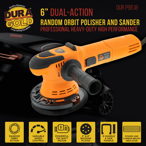 6" Random Orbit Dual-Action Polisher Buffer Sander with 8 Waffle Foam Pad Kit - Variable Speed 2000 to 6400 OPM - High-Performance 750 Watts