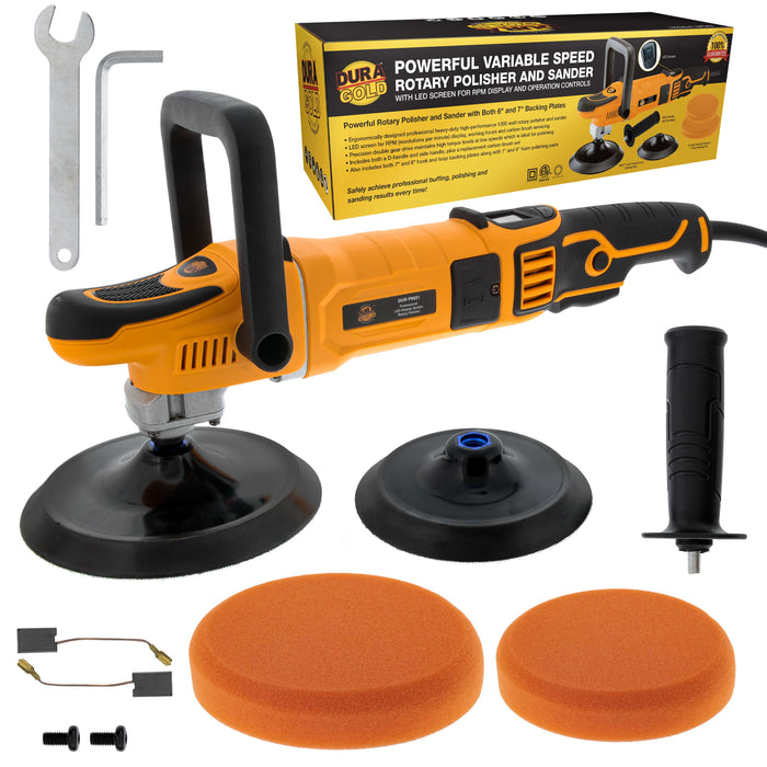 7" Rotary Polisher Buffer Sander with 2 Buffing Polishing Pads - LED Screen Variable Speed RPM Control - High-Performance, Powerful 1200 Watts