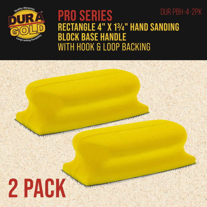 Dura-Gold Pro Series Rectangle 4" x 1-3/4" Hand Sanding Block Base Handle with Hook & Loop Backing, 2 Pack - Attach Pad to Contoured 4" Sanding Blocks