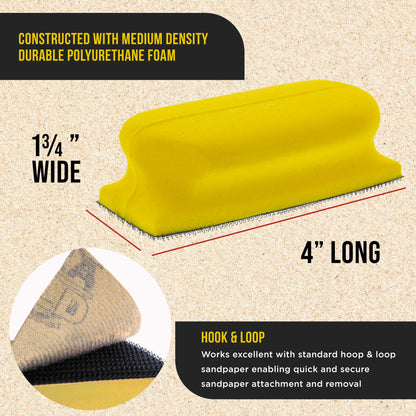Pro Series Rectangle 4" x 1-3/4" Hand Sanding Block Base Handle with Hook & Loop Backing, 2 Pack - Attach Pad to Contoured 4" Sanding Blocks