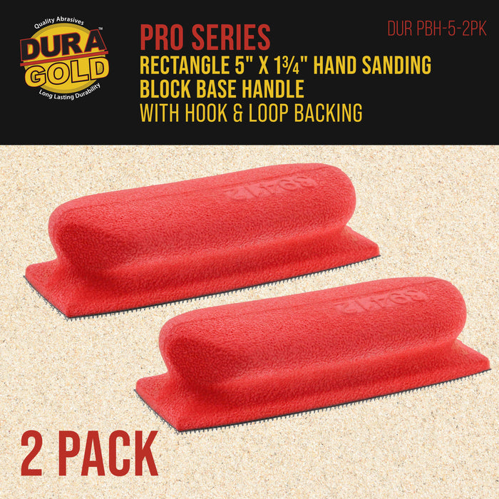 Dura-Gold Pro Series Rectangle 5" x 1-3/4" Hand Sanding Block Base Handle with Hook & Loop Backing, 2 Pack - Attach Pad to Contoured 5" Sanding Blocks