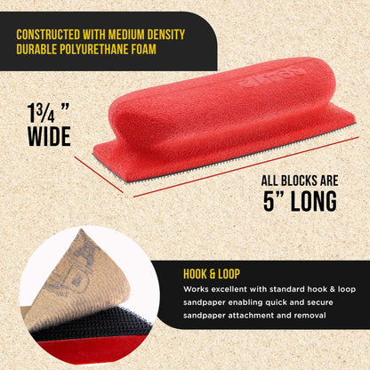 Pro Series Rectangle 5" x 1-3/4" Hand Sanding Block Base Handle with Hook & Loop Backing, 2 Pack - Attach Pad to Contoured 5" Sanding Blocks
