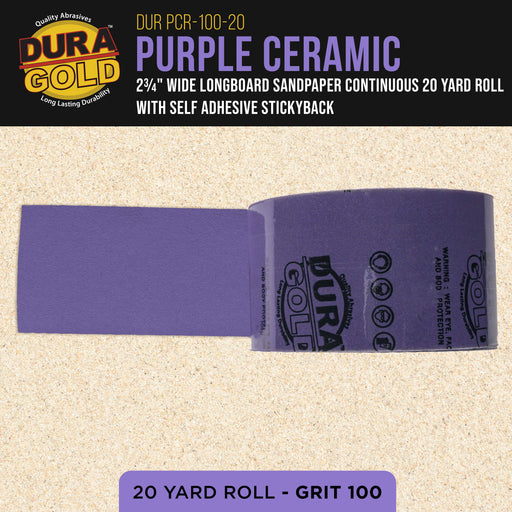 Premium 100 Grit PSA Purple Film Ceramic Longboard Sandpaper, 2-3/4" Wide Continuous 20 Yard Roll - Self Adhesive Stickyback for Auto & Wood Air File Long Board Sanders, Hand Sanding Blocks