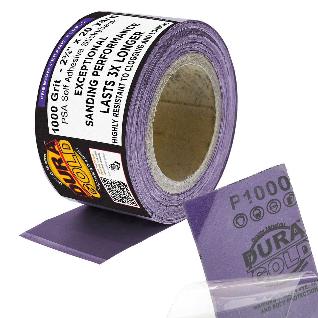 Premium 1000 Grit PSA Purple Film Ceramic Longboard Sandpaper, 2-3/4" Wide Continuous 20 Yard Roll - Self Adhesive Stickyback for Auto & Wood Air File Long Board Sanders, Hand Sanding Blocks