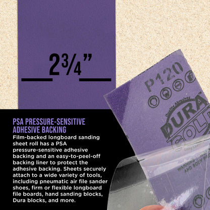 Premium 120 Grit PSA Purple Film Ceramic Longboard Sandpaper, 2-3/4" Wide Continuous 20 Yard Roll - Self Adhesive Stickyback for Auto & Wood Air File Long Board Sanders, Hand Sanding Blocks