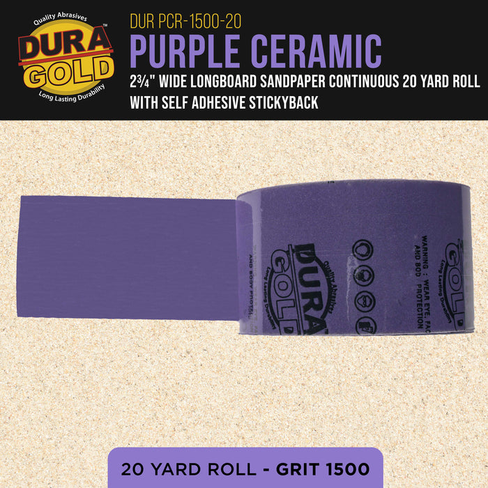 Premium 1500 Grit PSA Purple Film Ceramic Longboard Sandpaper, 2-3/4" Wide Continuous 20 Yard Roll - Self Adhesive Stickyback for Auto & Wood Air File Long Board Sanders, Hand Sanding Blocks
