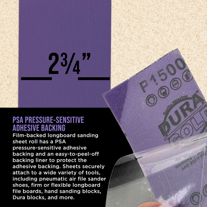 Premium 1500 Grit PSA Purple Film Ceramic Longboard Sandpaper, 2-3/4" Wide Continuous 20 Yard Roll - Self Adhesive Stickyback for Auto & Wood Air File Long Board Sanders, Hand Sanding Blocks