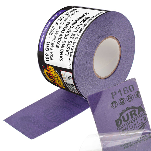 Premium 180 Grit PSA Purple Film Ceramic Longboard Sandpaper, 2-3/4" Wide Continuous 20 Yard Roll - Self Adhesive Stickyback for Auto & Wood Air File Long Board Sanders, Hand Sanding Blocks