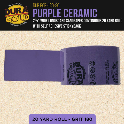 Premium 180 Grit PSA Purple Film Ceramic Longboard Sandpaper, 2-3/4" Wide Continuous 20 Yard Roll - Self Adhesive Stickyback for Auto & Wood Air File Long Board Sanders, Hand Sanding Blocks