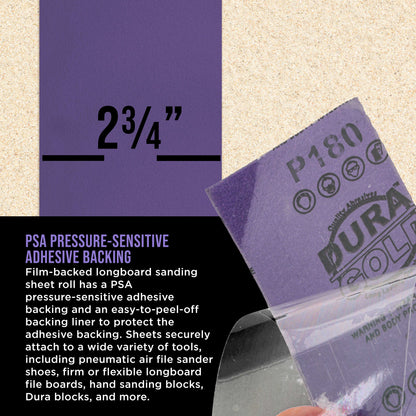 Premium 180 Grit PSA Purple Film Ceramic Longboard Sandpaper, 2-3/4" Wide Continuous 20 Yard Roll - Self Adhesive Stickyback for Auto & Wood Air File Long Board Sanders, Hand Sanding Blocks