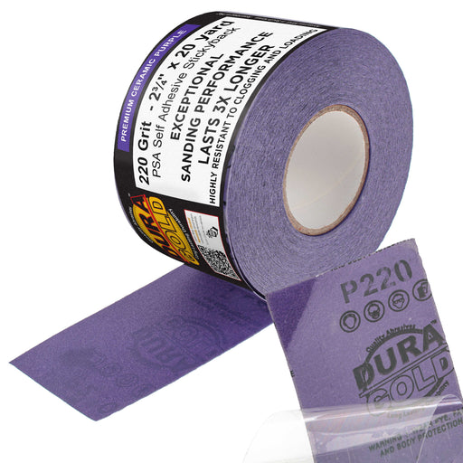 Premium 220 Grit PSA Purple Film Ceramic Longboard Sandpaper, 2-3/4" Wide Continuous 20 Yard Roll - Self Adhesive Stickyback for Auto & Wood Air File Long Board Sanders, Hand Sanding Blocks