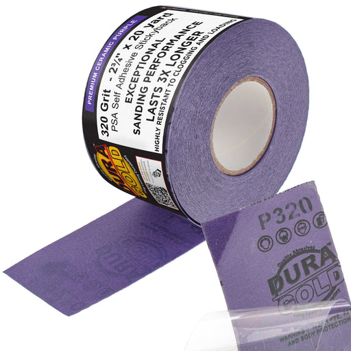 Premium 320 Grit PSA Purple Film Ceramic Longboard Sandpaper, 2-3/4" Wide Continuous 20 Yard Roll - Self Adhesive Stickyback for Auto & Wood Air File Long Board Sanders, Hand Sanding Blocks