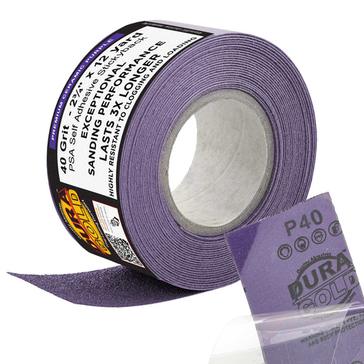 Premium 40 Grit PSA Purple Film Ceramic Longboard Sandpaper, 2-3/4" Wide Continuous 12 Yard Roll - Self Adhesive Stickyback for Auto & Wood Air File Long Board Sanders, Hand Sanding Blocks
