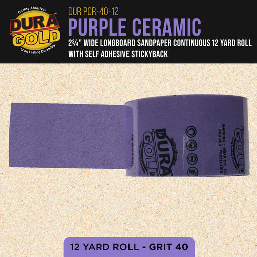 Premium 40 Grit PSA Purple Film Ceramic Longboard Sandpaper, 2-3/4" Wide Continuous 12 Yard Roll - Self Adhesive Stickyback for Auto & Wood Air File Long Board Sanders, Hand Sanding Blocks