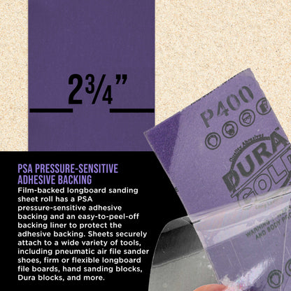 Premium 400 Grit PSA Purple Film Ceramic Longboard Sandpaper, 2-3/4" Wide Continuous 20 Yard Roll - Self Adhesive Stickyback for Auto & Wood Air File Long Board Sanders, Hand Sanding Blocks