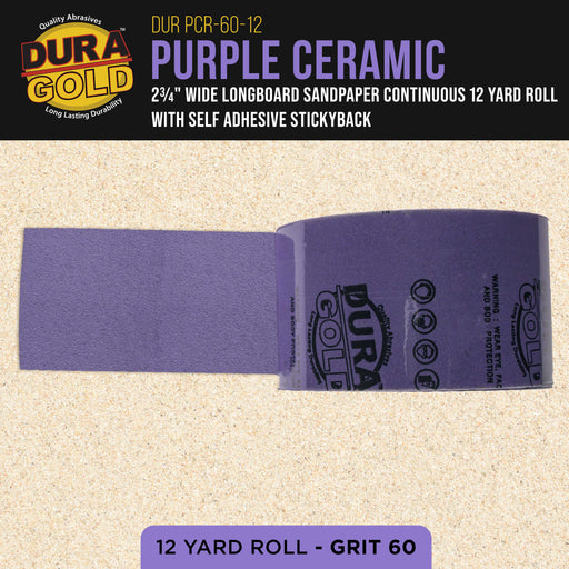 Premium 60 Grit PSA Purple Film Ceramic Longboard Sandpaper, 2-3/4" Wide Continuous 12 Yard Roll - Self Adhesive Stickyback for Auto & Wood Air File Long Board Sanders, Hand Sanding Blocks