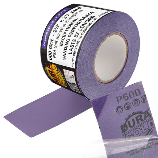 Premium 600 Grit PSA Purple Film Ceramic Longboard Sandpaper, 2-3/4" Wide Continuous 20 Yard Roll - Self Adhesive Stickyback for Auto & Wood Air File Long Board Sanders, Hand Sanding Blocks