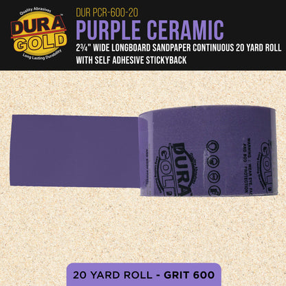 Premium 600 Grit PSA Purple Film Ceramic Longboard Sandpaper, 2-3/4" Wide Continuous 20 Yard Roll - Self Adhesive Stickyback for Auto & Wood Air File Long Board Sanders, Hand Sanding Blocks