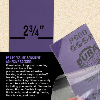 Premium 600 Grit PSA Purple Film Ceramic Longboard Sandpaper, 2-3/4" Wide Continuous 20 Yard Roll - Self Adhesive Stickyback for Auto & Wood Air File Long Board Sanders, Hand Sanding Blocks