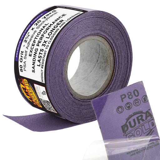 Premium 80 Grit PSA Purple Film Ceramic Longboard Sandpaper, 2-3/4" Wide Continuous 20 Yard Roll - Self Adhesive Stickyback for Auto & Wood Air File Long Board Sanders, Hand Sanding Blocks