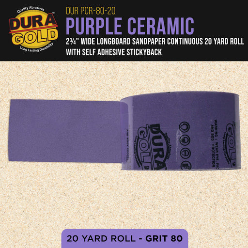 Premium 80 Grit PSA Purple Film Ceramic Longboard Sandpaper, 2-3/4" Wide Continuous 20 Yard Roll - Self Adhesive Stickyback for Auto & Wood Air File Long Board Sanders, Hand Sanding Blocks