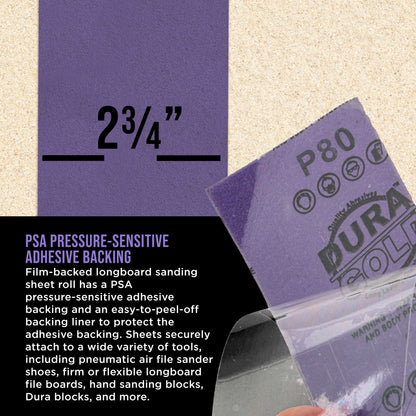 Premium 80 Grit PSA Purple Film Ceramic Longboard Sandpaper, 2-3/4" Wide Continuous 20 Yard Roll - Self Adhesive Stickyback for Auto & Wood Air File Long Board Sanders, Hand Sanding Blocks