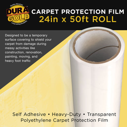 Carpet Protection Film, 24-inch x 50-foot Roll, Clear Plastic Carpet Protector, Self-Adhesive Plastic for Temporary Stair, Rug, and Floor Protection