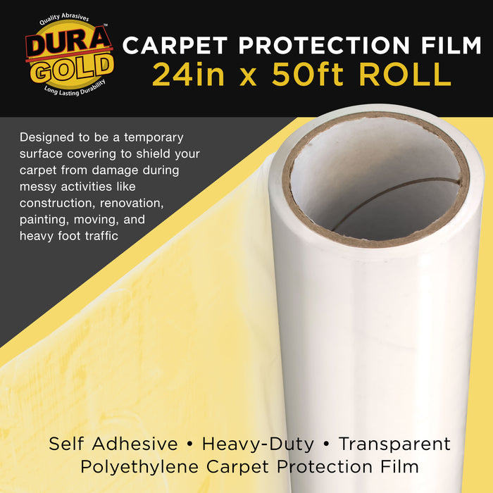 Carpet Protection Film, 24-inch x 50' Roll - Clear Self Adhesive Temporary Carpet Protective Covering Tape - Protect Against Foot Traffic, Paint Spills, Dust, Construction Debris, Moving