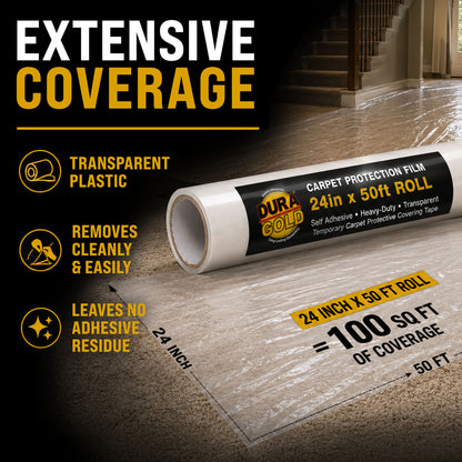 Carpet Protection Film, 24-inch x 50-foot Roll, Clear Plastic Carpet Protector, Self-Adhesive Plastic for Temporary Stair, Rug, and Floor Protection