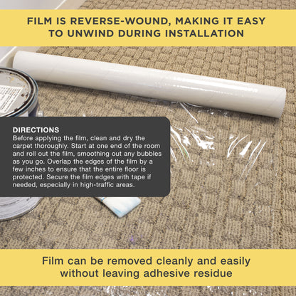 Carpet Protection Film, 24-inch x 50-foot Roll, Clear Plastic Carpet Protector, Self-Adhesive Plastic for Temporary Stair, Rug, and Floor Protection