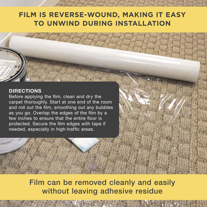 Carpet Protection Film, 24-inch x 50' Roll - Clear Self Adhesive Temporary Carpet Protective Covering Tape - Protect Against Foot Traffic, Paint Spills, Dust, Construction Debris, Moving
