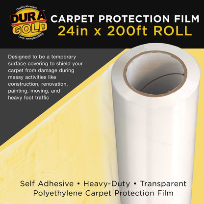 Carpet Protection Film, 24-inch x 200-foot Roll, Clear Plastic Carpet Protector, Self-Adhesive Plastic for Temporary Stair, Rug, and Floor Protection