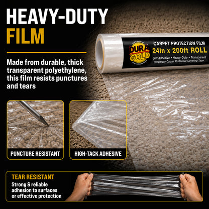 Carpet Protection Film, 24-inch x 200-foot Roll, Clear Plastic Carpet Protector, Self-Adhesive Plastic for Temporary Stair, Rug, and Floor Protection