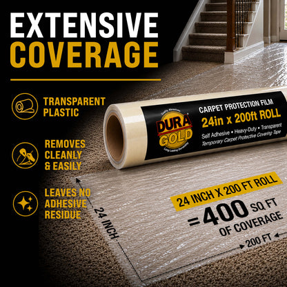 Carpet Protection Film, 24-inch x 200-foot Roll, Clear Plastic Carpet Protector, Self-Adhesive Plastic for Temporary Stair, Rug, and Floor Protection