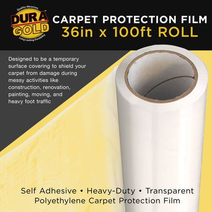 Carpet Protection Film, 36-inch x 100-foot Roll, Clear Plastic Carpet Protector, Self-Adhesive Plastic for Temporary Stair, Rug, and Floor Protection