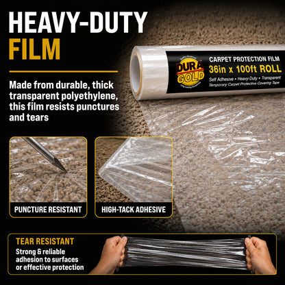 Carpet Protection Film, 36-inch x 100-foot Roll, Clear Plastic Carpet Protector, Self-Adhesive Plastic for Temporary Stair, Rug, and Floor Protection