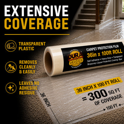 Carpet Protection Film, 36-inch x 100-foot Roll, Clear Plastic Carpet Protector, Self-Adhesive Plastic for Temporary Stair, Rug, and Floor Protection