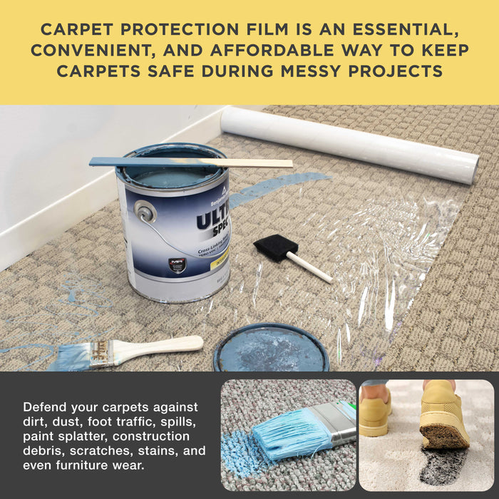 Carpet Protection Film, 36-inch x 100' Roll - Clear Self Adhesive Temporary Carpet Protective Covering Tape - Protect Against Foot Traffic, Paint Spills, Dust, Construction Debris, Moving