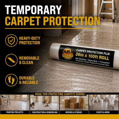 Carpet Protection Film, 36-inch x 100-foot Roll, Clear Plastic Carpet Protector, Self-Adhesive Plastic for Temporary Stair, Rug, and Floor Protection