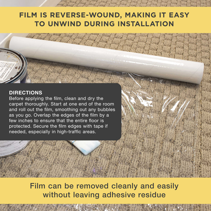 Carpet Protection Film, 36-inch x 100' Roll - Clear Self Adhesive Temporary Carpet Protective Covering Tape - Protect Against Foot Traffic, Paint Spills, Dust, Construction Debris, Moving