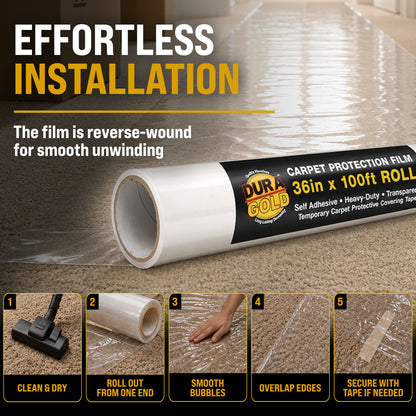 Carpet Protection Film, 36-inch x 100-foot Roll, Clear Plastic Carpet Protector, Self-Adhesive Plastic for Temporary Stair, Rug, and Floor Protection