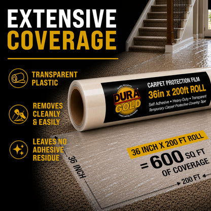 Carpet Protection Film, 36-inch x 200-foot Roll, Clear Plastic Carpet Protector, Self-Adhesive Plastic for Temporary Stair, Rug, and Floor Protection