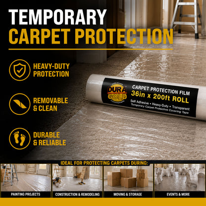 Carpet Protection Film, 36-inch x 200-foot Roll, Clear Plastic Carpet Protector, Self-Adhesive Plastic for Temporary Stair, Rug, and Floor Protection