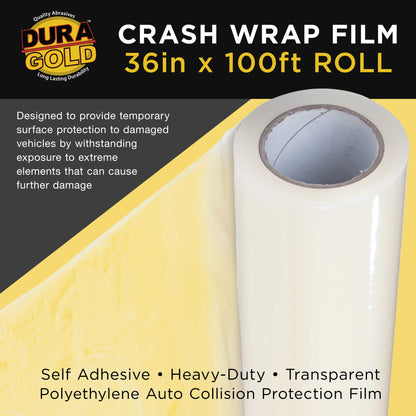 Crash Wrap Film, 36-inch x 100-foot Roll, Clear Plastic Protector, Self-Adhesive Plastic for Auto Collision, Weather, Dust Protection, Broken Windows Windshields